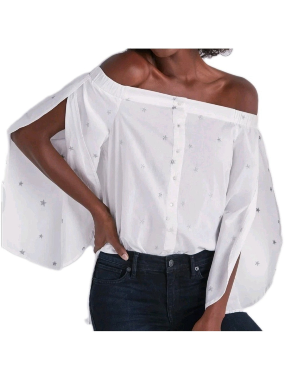 Lucky Brand Women’s Off-Shoulder Slit Sleeves Asymmetrical Length Top Medium